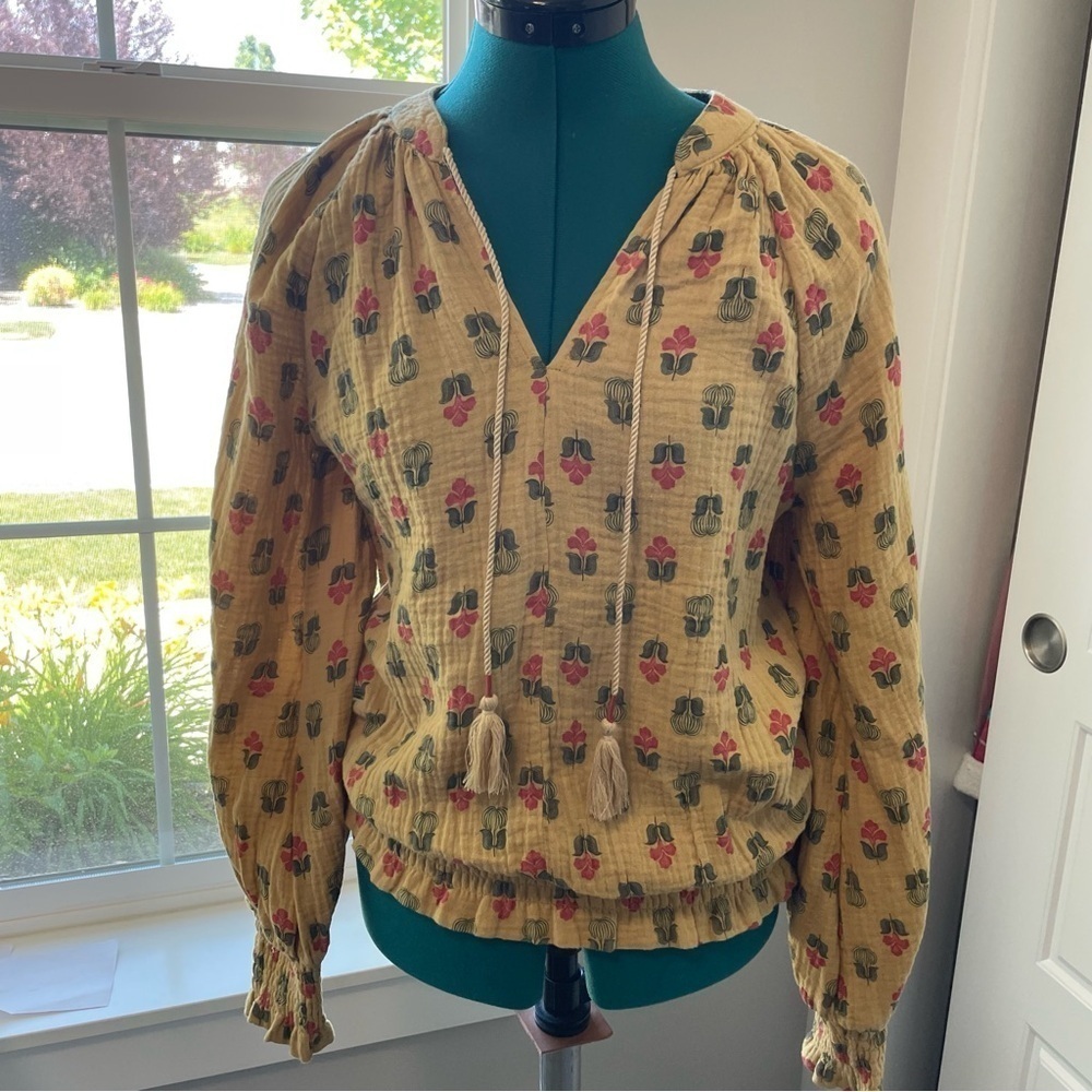 Porridge Anthropologie Yellow Print Elisabeth Boho Peasant Long Sleeve Blouse